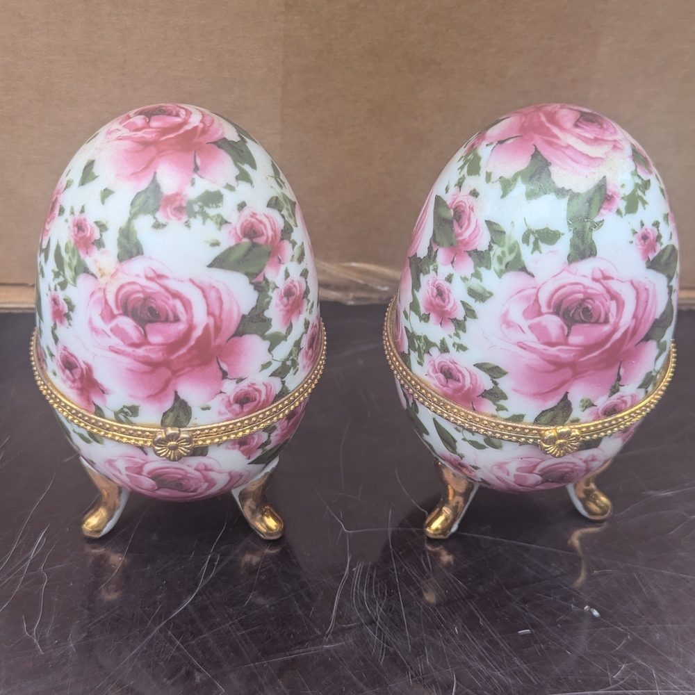 Floral Porcelain Egg Trinket Box with Gold Accents